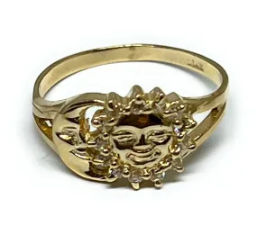 14k Solid Gold MOON & SUN CZ Ring