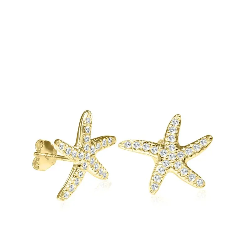 14K Yellow Gold Starfish White Cubic Zirconia 1.3mm Stud Earrings