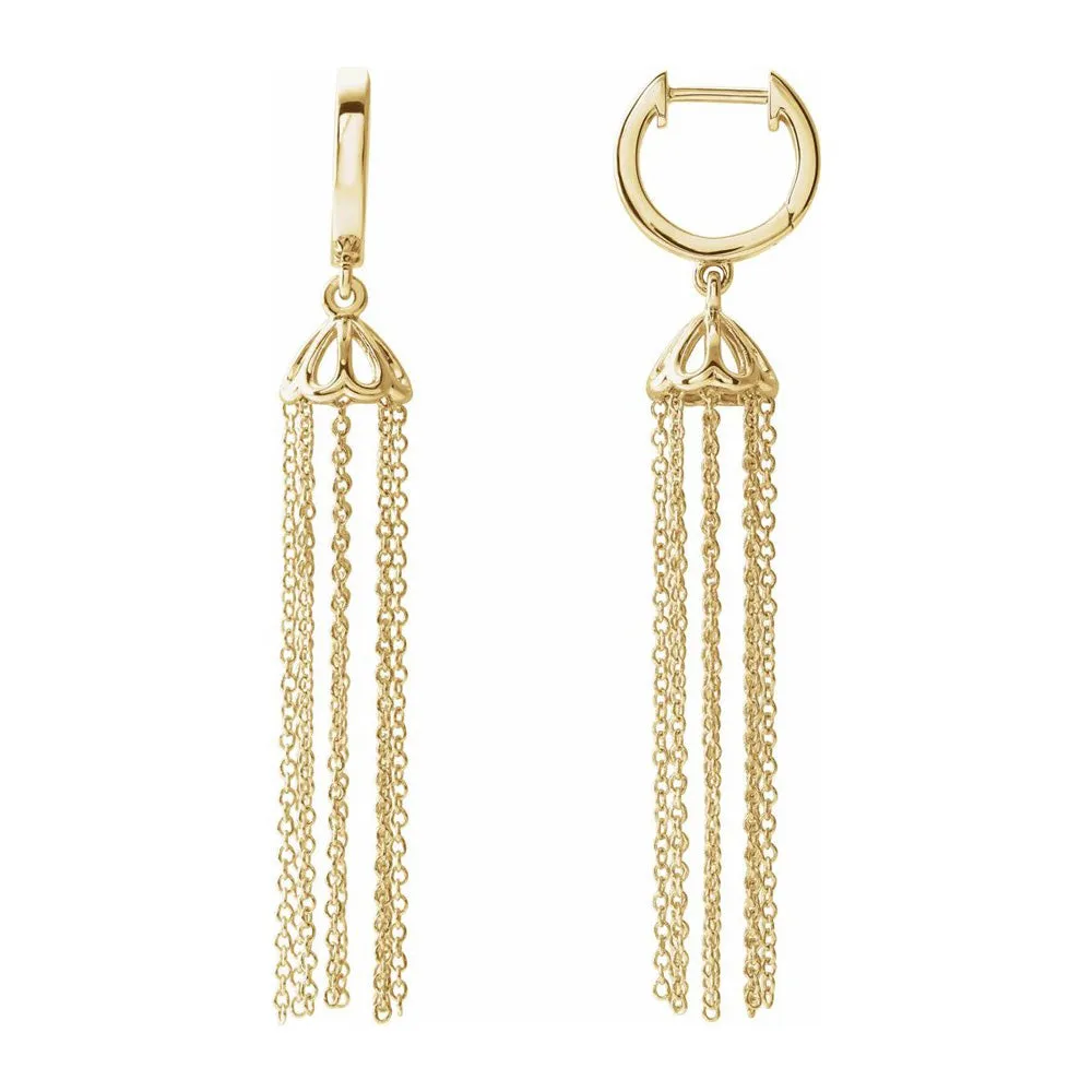 14K Yellow, White or Rose Gold Hinged Hoop Chain Tassel Earrings 53mm