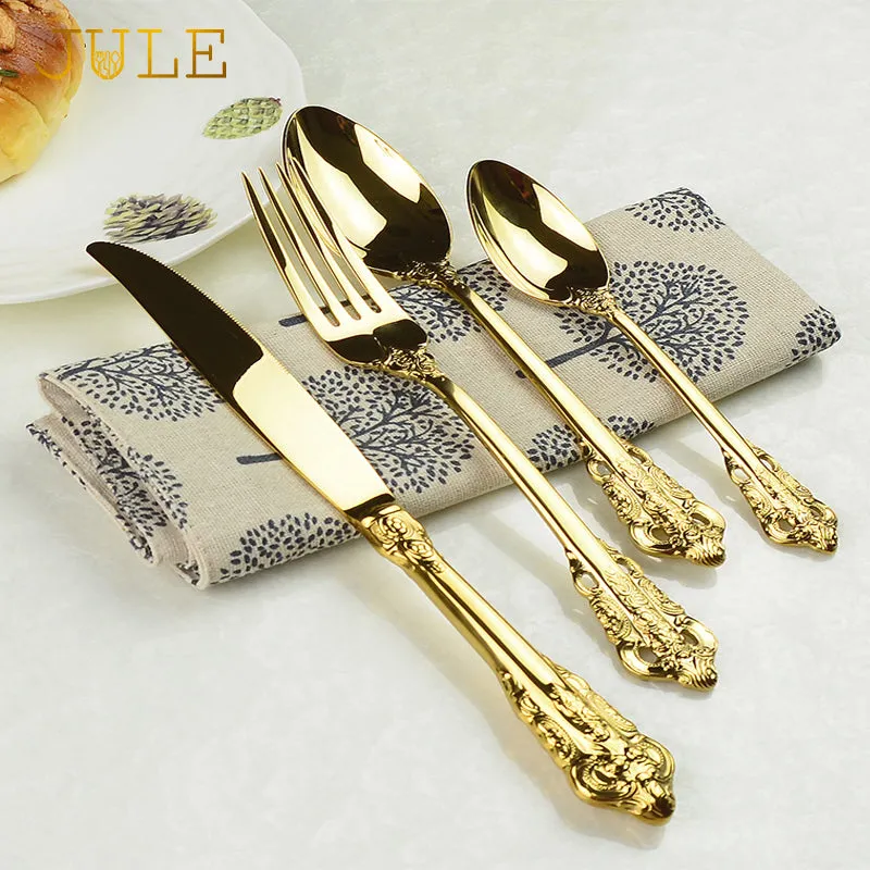 4PCS DINING KNIFE FORKS TEASPOONS SET GOLDEN LUXURY DINNERWARE - KITCHEN TOOL