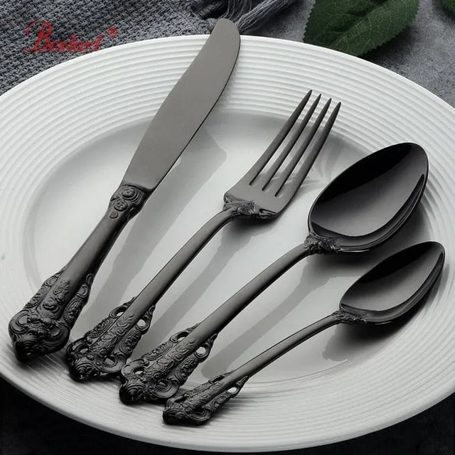 4PCS DINING KNIFE FORKS TEASPOONS SET GOLDEN LUXURY DINNERWARE - KITCHEN TOOL