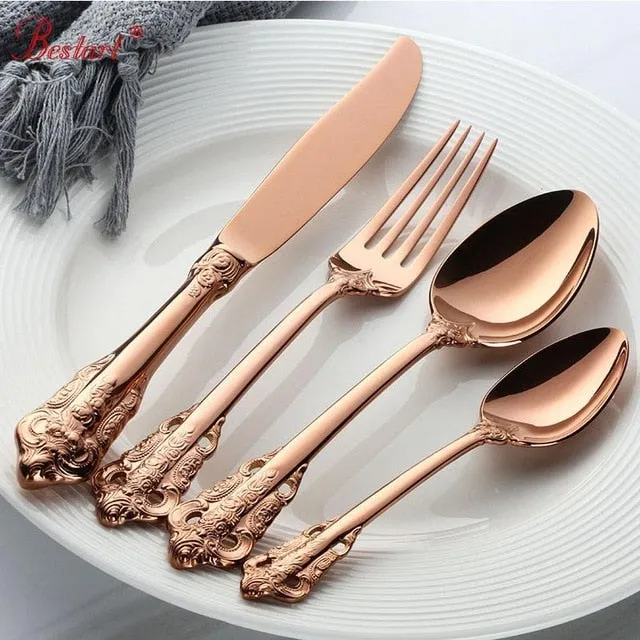 4PCS DINING KNIFE FORKS TEASPOONS SET GOLDEN LUXURY DINNERWARE - KITCHEN TOOL