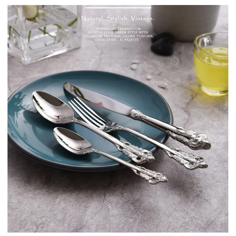 4PCS DINING KNIFE FORKS TEASPOONS SET GOLDEN LUXURY DINNERWARE - KITCHEN TOOL