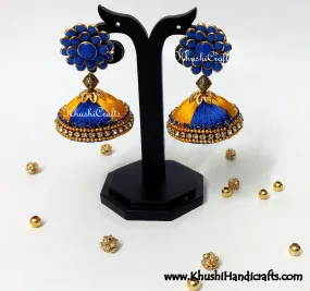 Blue Yellow Silk Jhumka With Pachi Stud