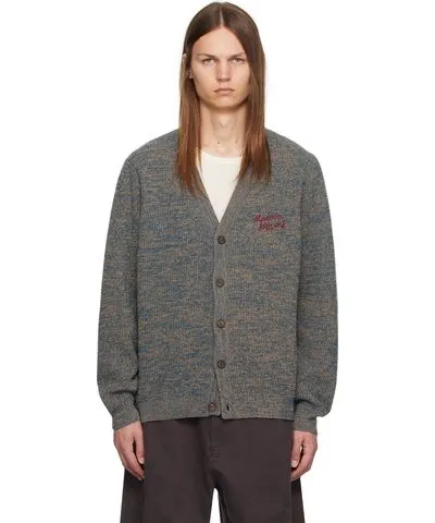 Maison Kitsune Blue & Beige 'Maison Kitsuné' Handwriting Cardigan