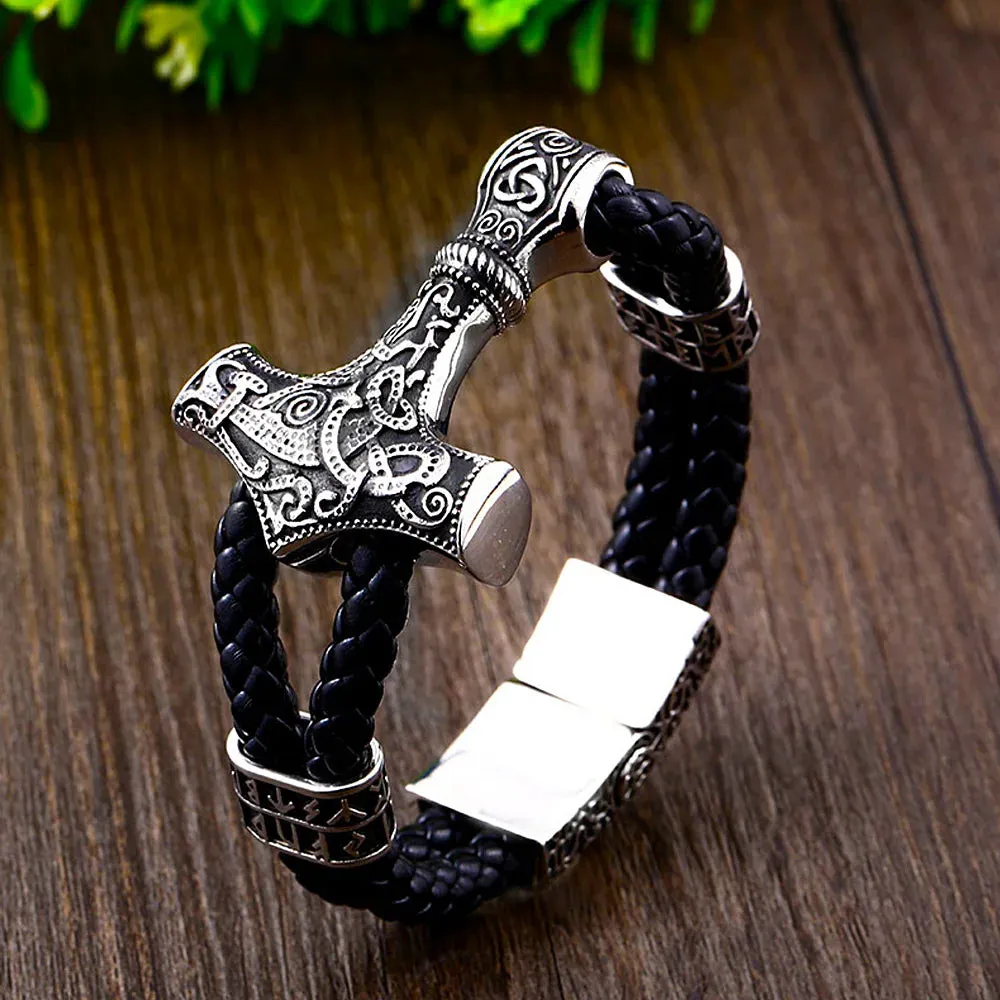 Men's Vintage Double Leather Strap Thor's Hammer Stainless Steel Bracelet