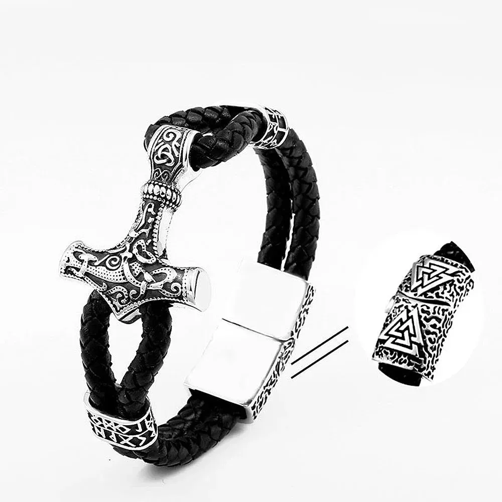 Men's Vintage Double Leather Strap Thor's Hammer Stainless Steel Bracelet