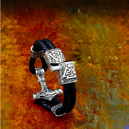 Men's Vintage Double Leather Strap Thor's Hammer Stainless Steel Bracelet