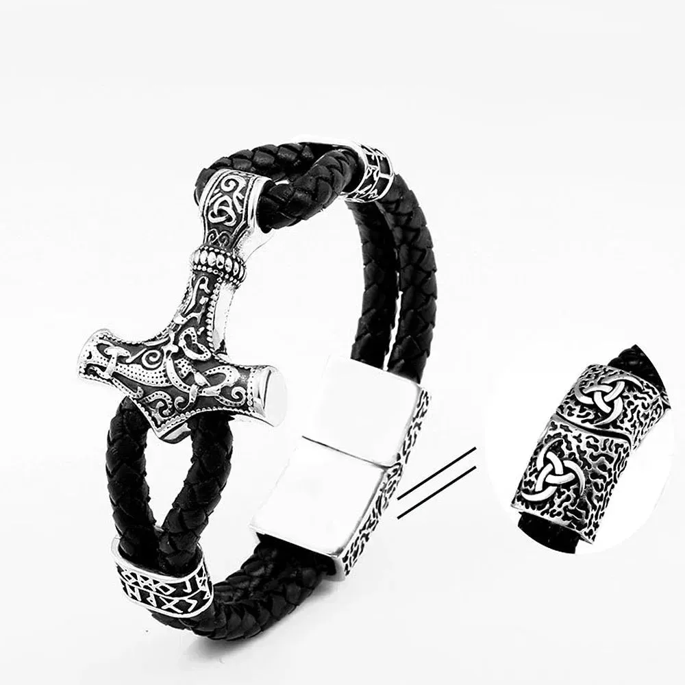 Men's Vintage Double Leather Strap Thor's Hammer Stainless Steel Bracelet