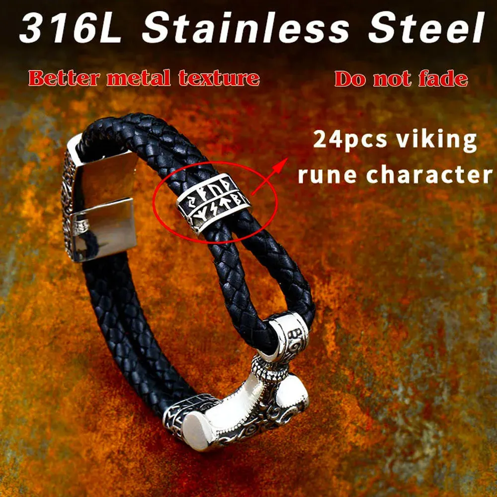 Men's Vintage Double Leather Strap Thor's Hammer Stainless Steel Bracelet