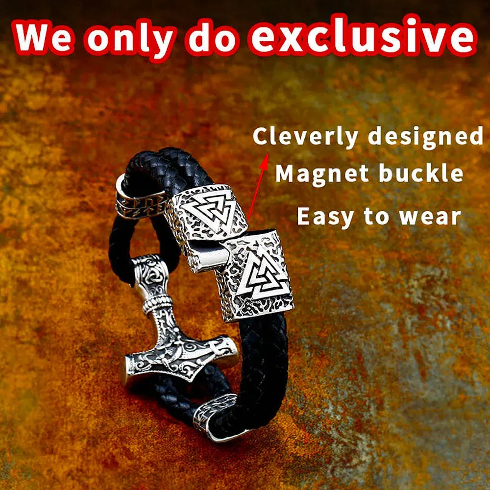 Men's Vintage Double Leather Strap Thor's Hammer Stainless Steel Bracelet