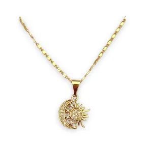 Moon, sun and stars in 18k of gold plated chain necklace