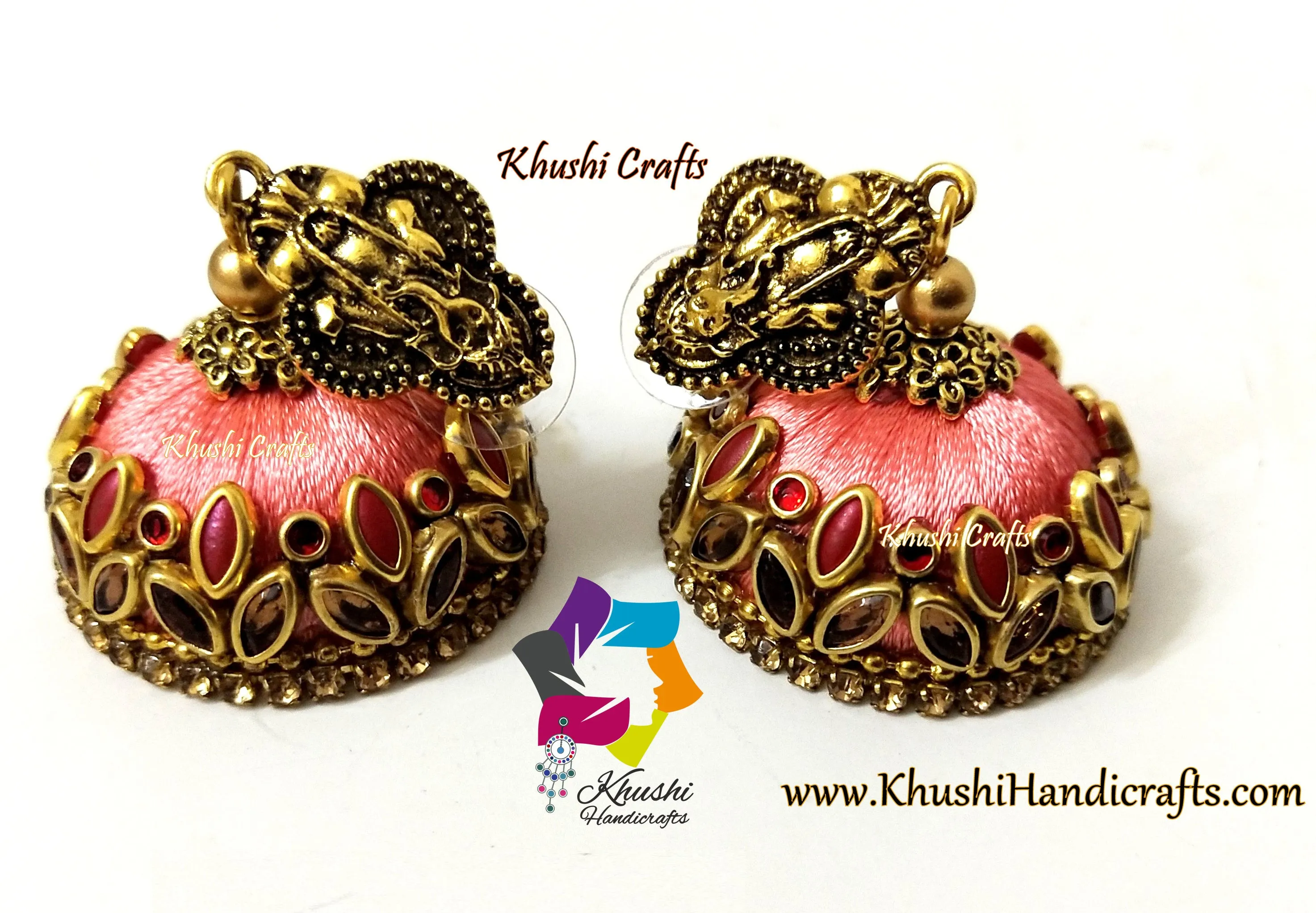 Peach Red Kundan stone Silk thread jhumkas !