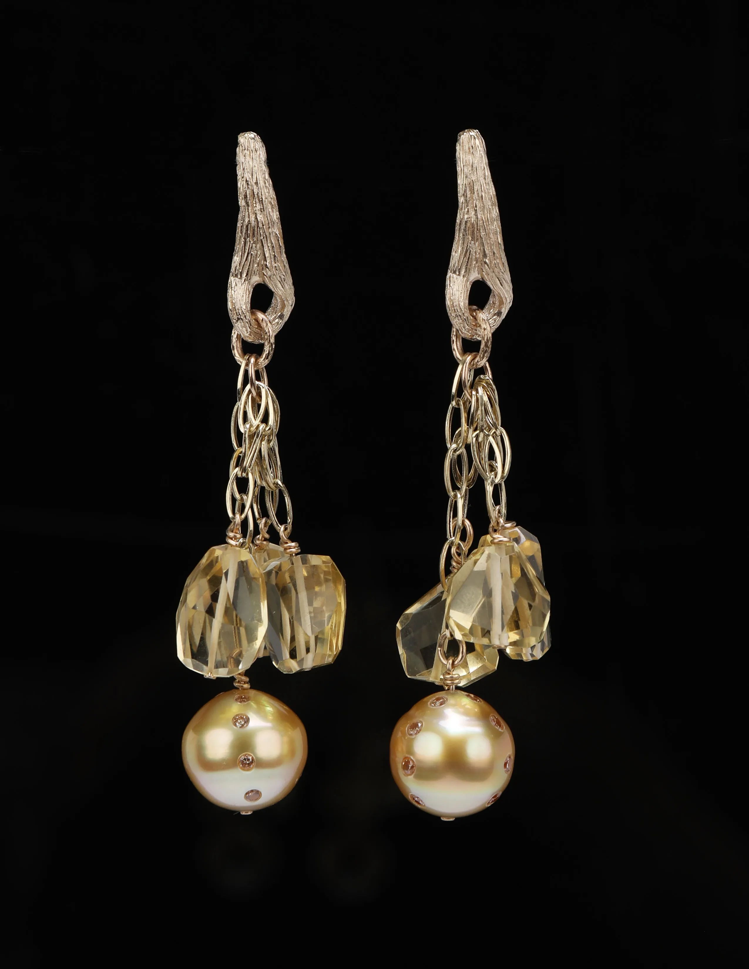 South Sea Pearl, Diamond, Citrine, and Gold Chandelier Earrings