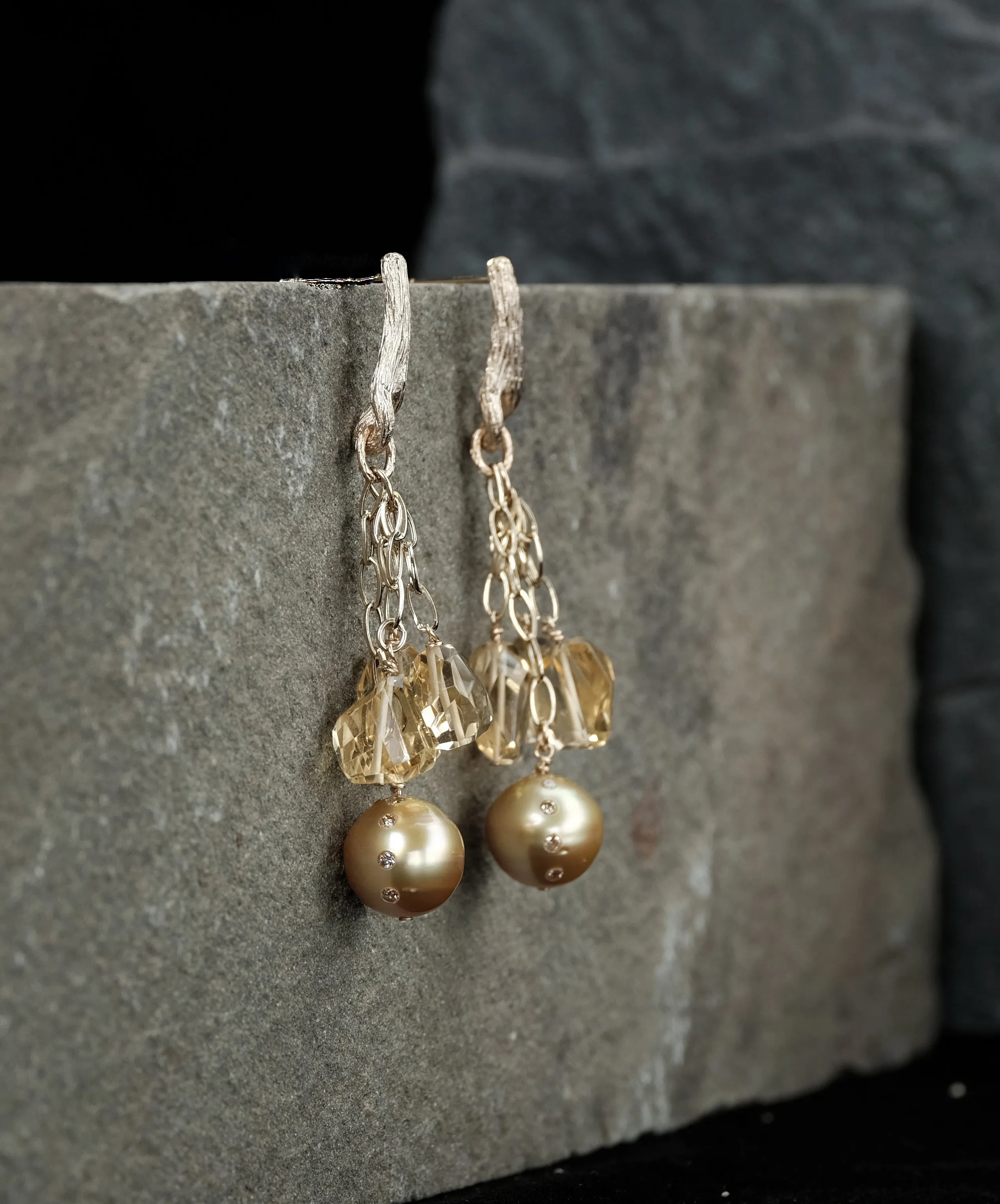 South Sea Pearl, Diamond, Citrine, and Gold Chandelier Earrings