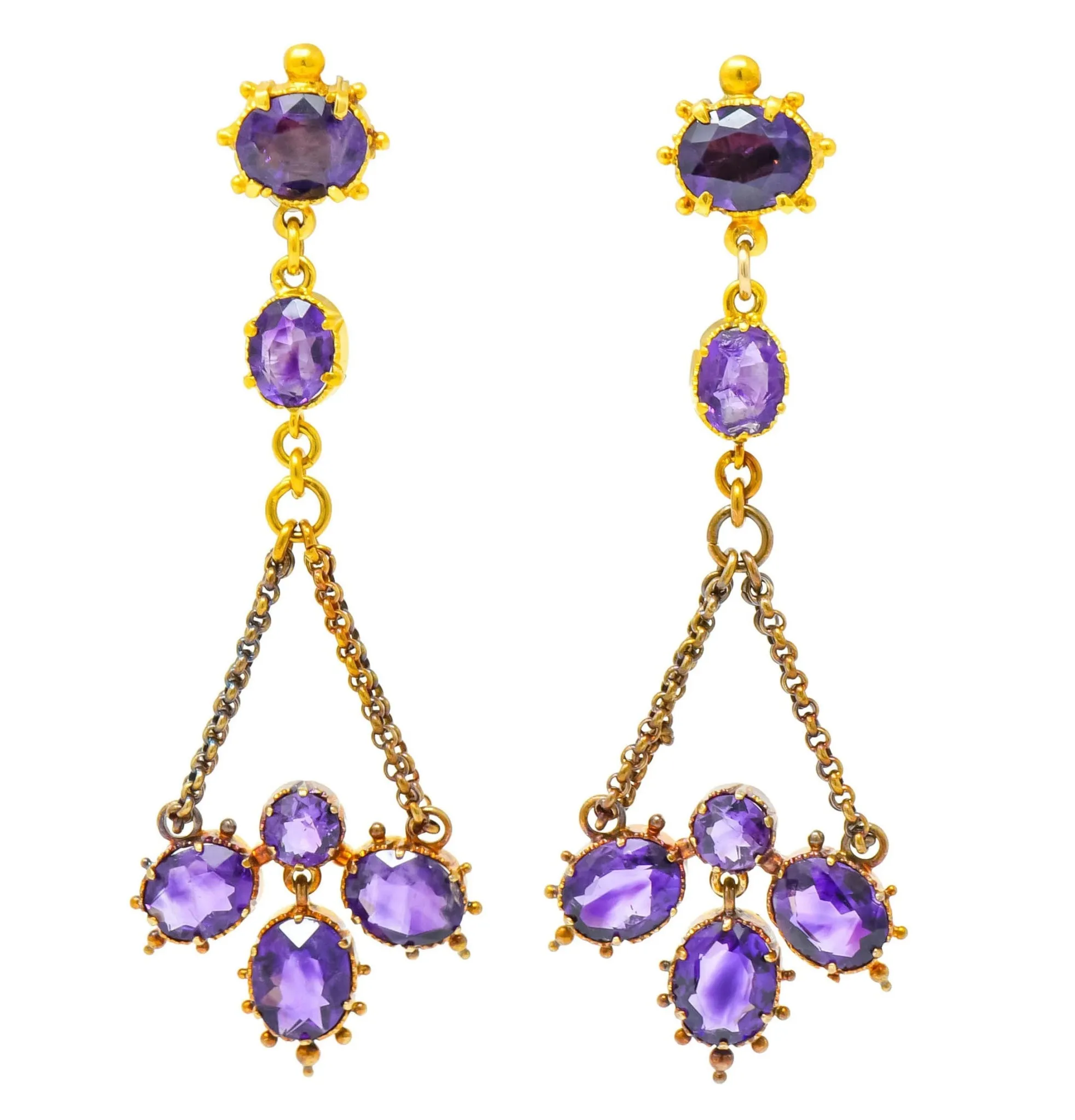 Victorian Etruscan Revival 4.52 CTW Amethyst 18 Karat Gold Chandelier Earrings Circa 1870's