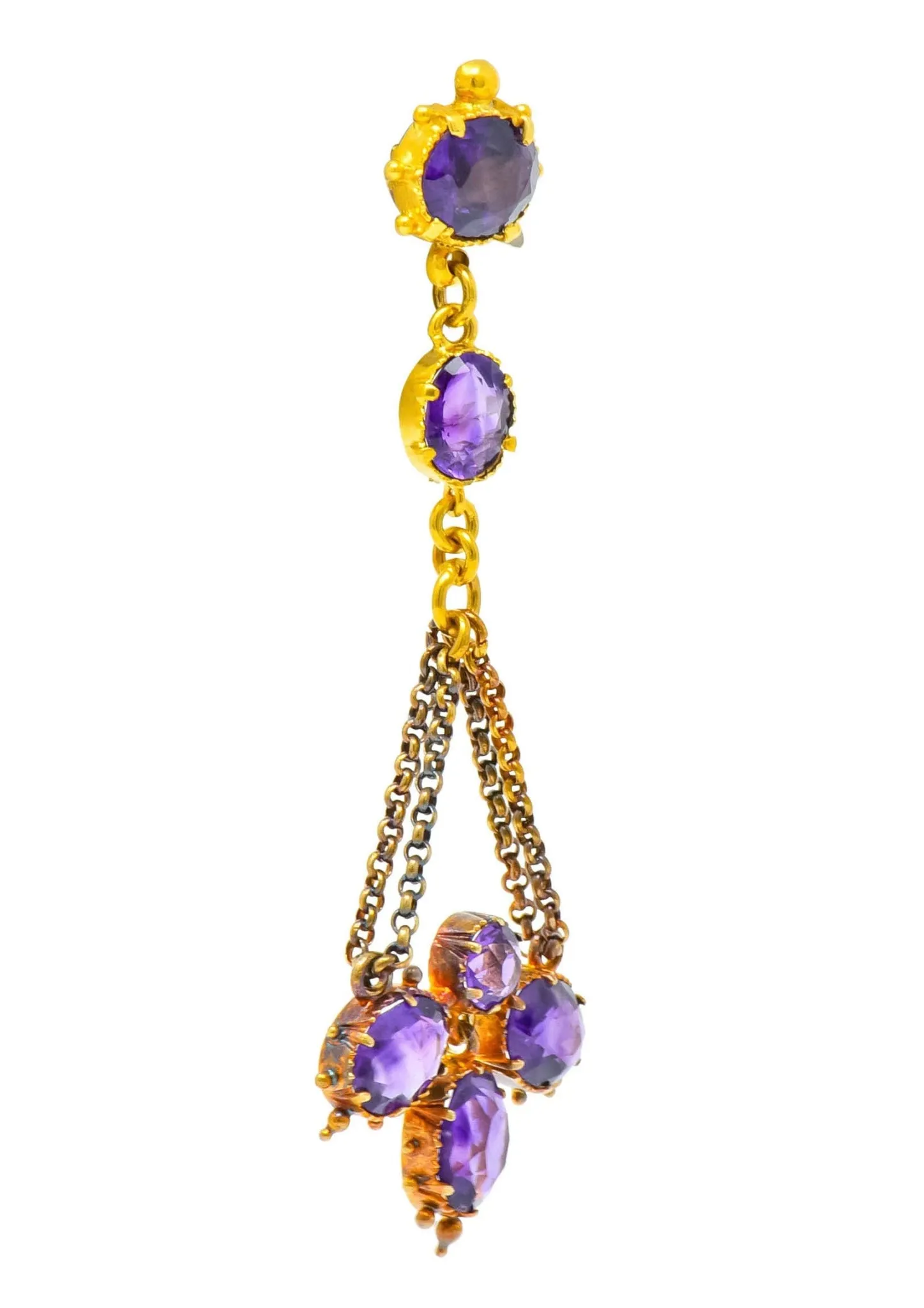 Victorian Etruscan Revival 4.52 CTW Amethyst 18 Karat Gold Chandelier Earrings Circa 1870's