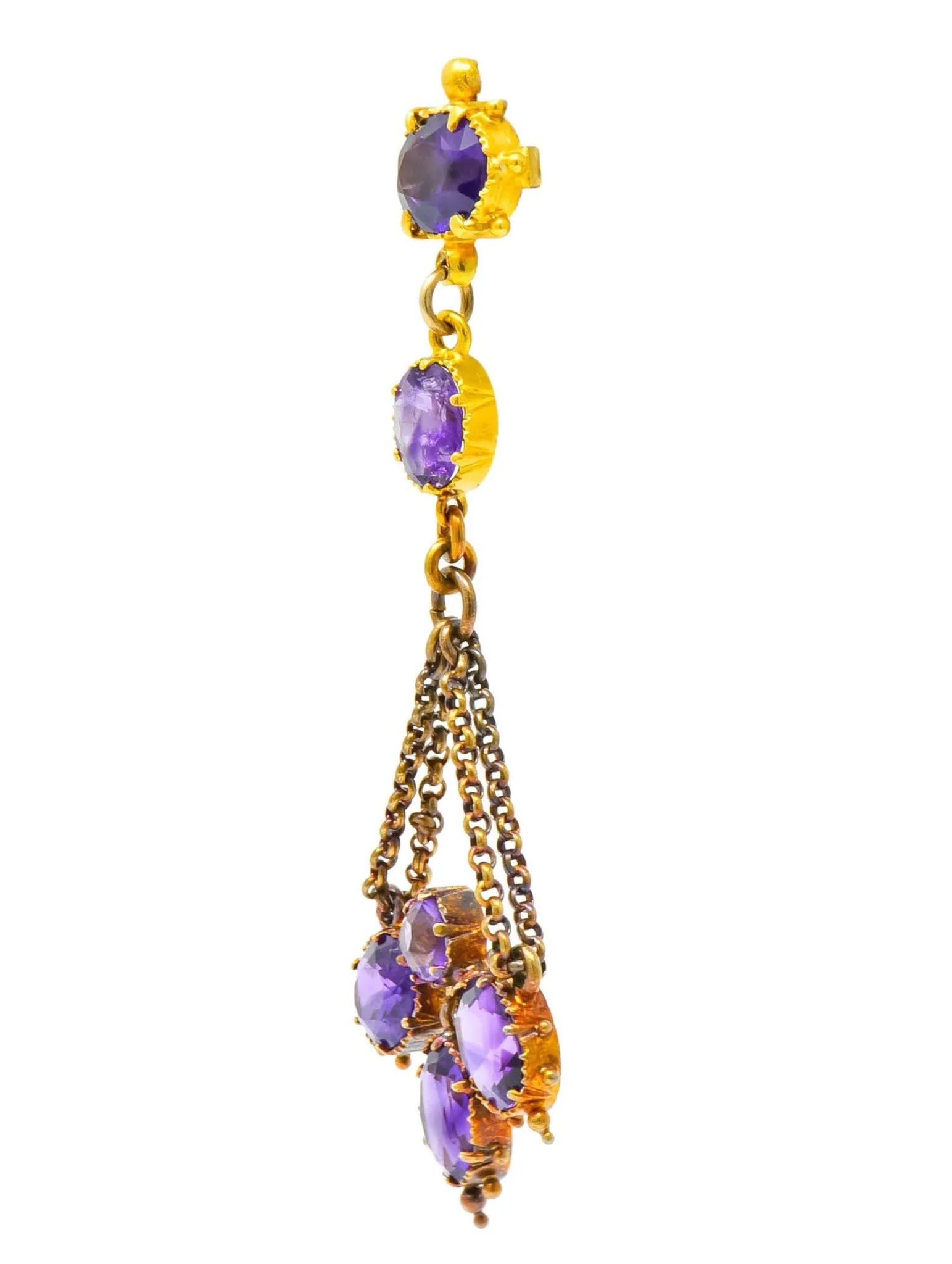 Victorian Etruscan Revival 4.52 CTW Amethyst 18 Karat Gold Chandelier Earrings Circa 1870's