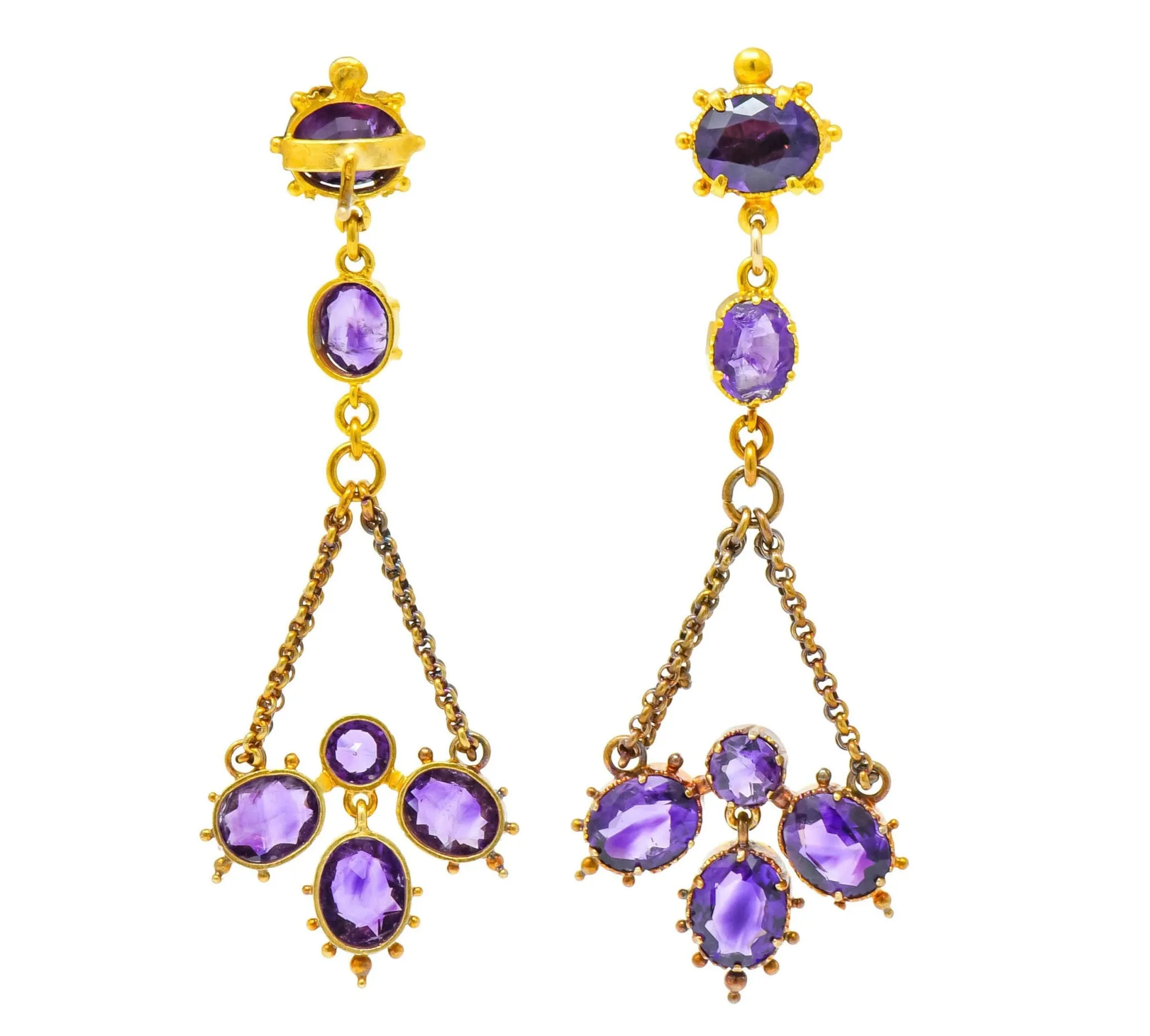 Victorian Etruscan Revival 4.52 CTW Amethyst 18 Karat Gold Chandelier Earrings Circa 1870's