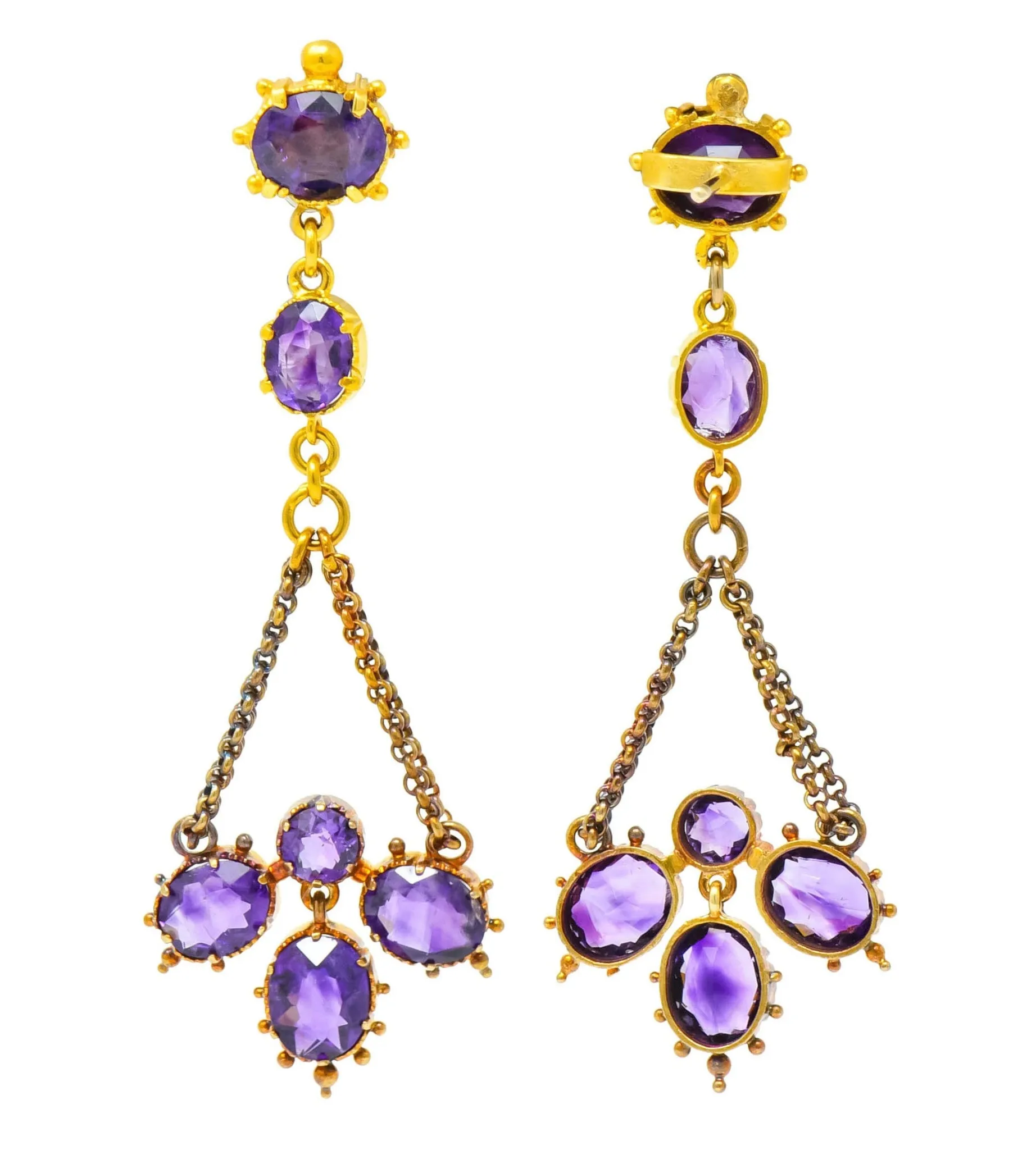 Victorian Etruscan Revival 4.52 CTW Amethyst 18 Karat Gold Chandelier Earrings Circa 1870's