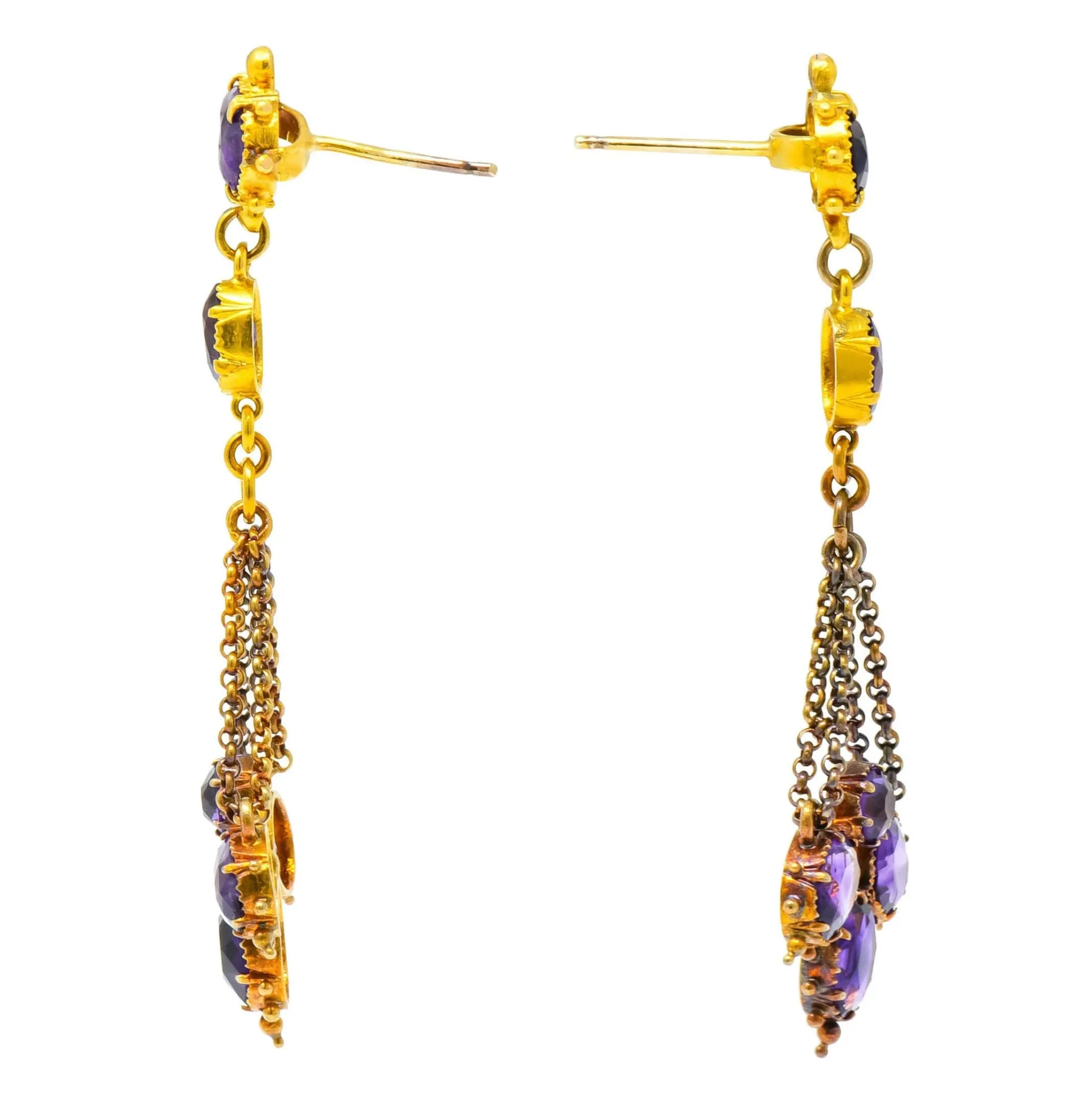 Victorian Etruscan Revival 4.52 CTW Amethyst 18 Karat Gold Chandelier Earrings Circa 1870's