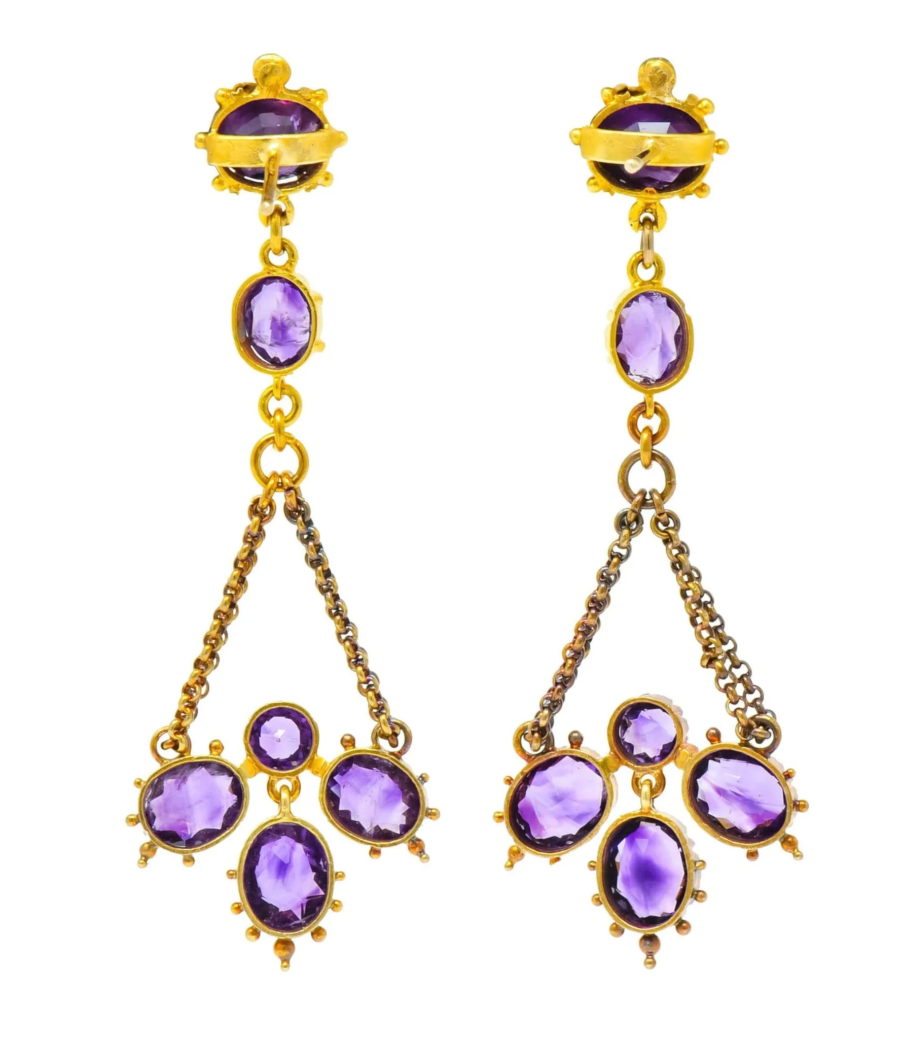 Victorian Etruscan Revival 4.52 CTW Amethyst 18 Karat Gold Chandelier Earrings Circa 1870's