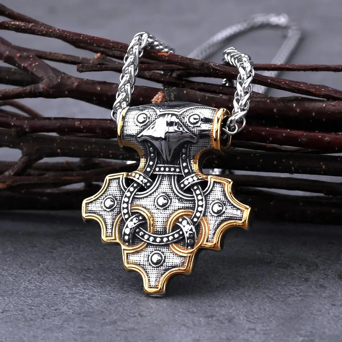 Vintage Viking Odin Raven Mjolnir Thor's Hammer Necklace