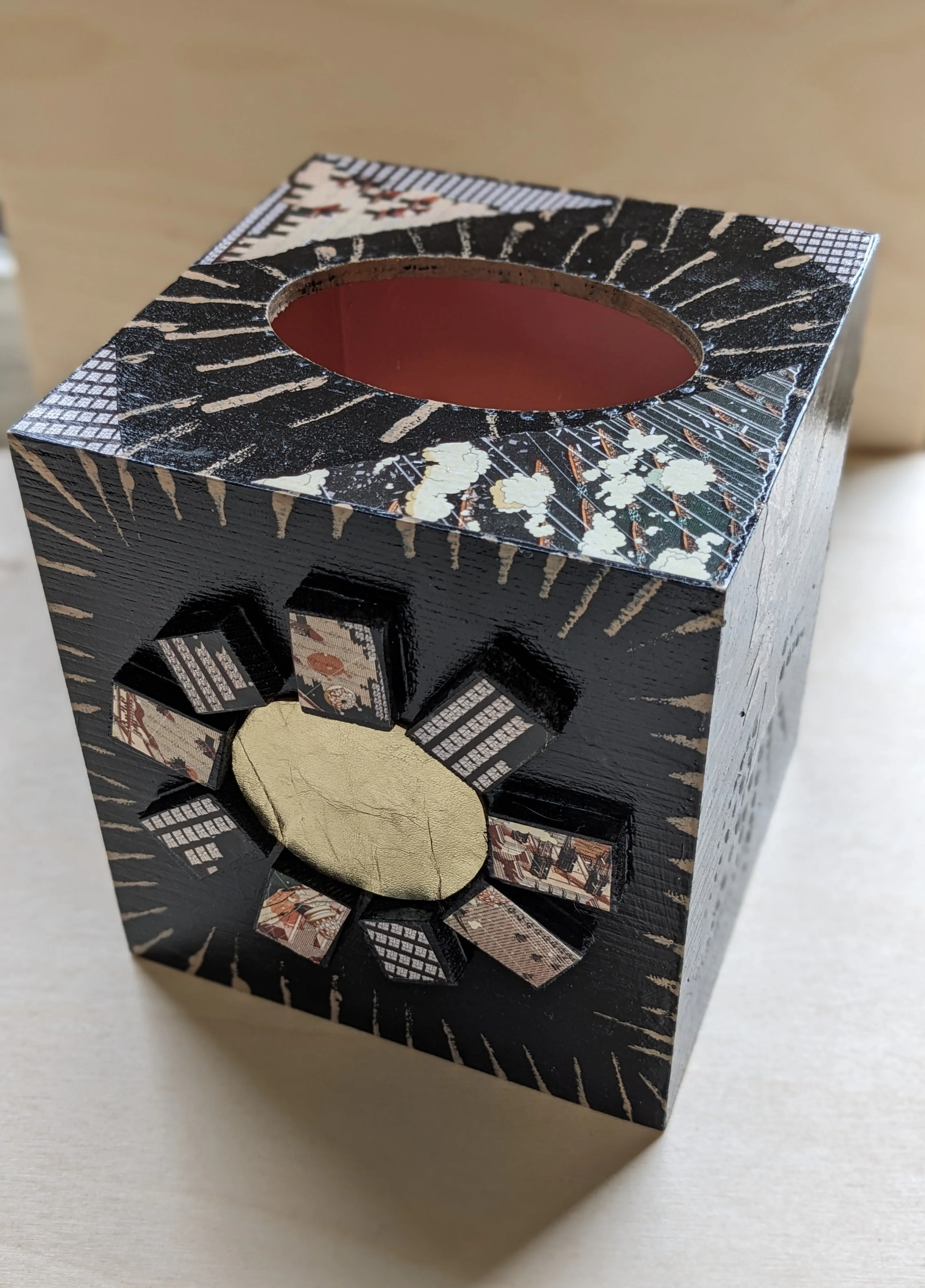 Wood painted mixed media tissue box-sun tree moon eye