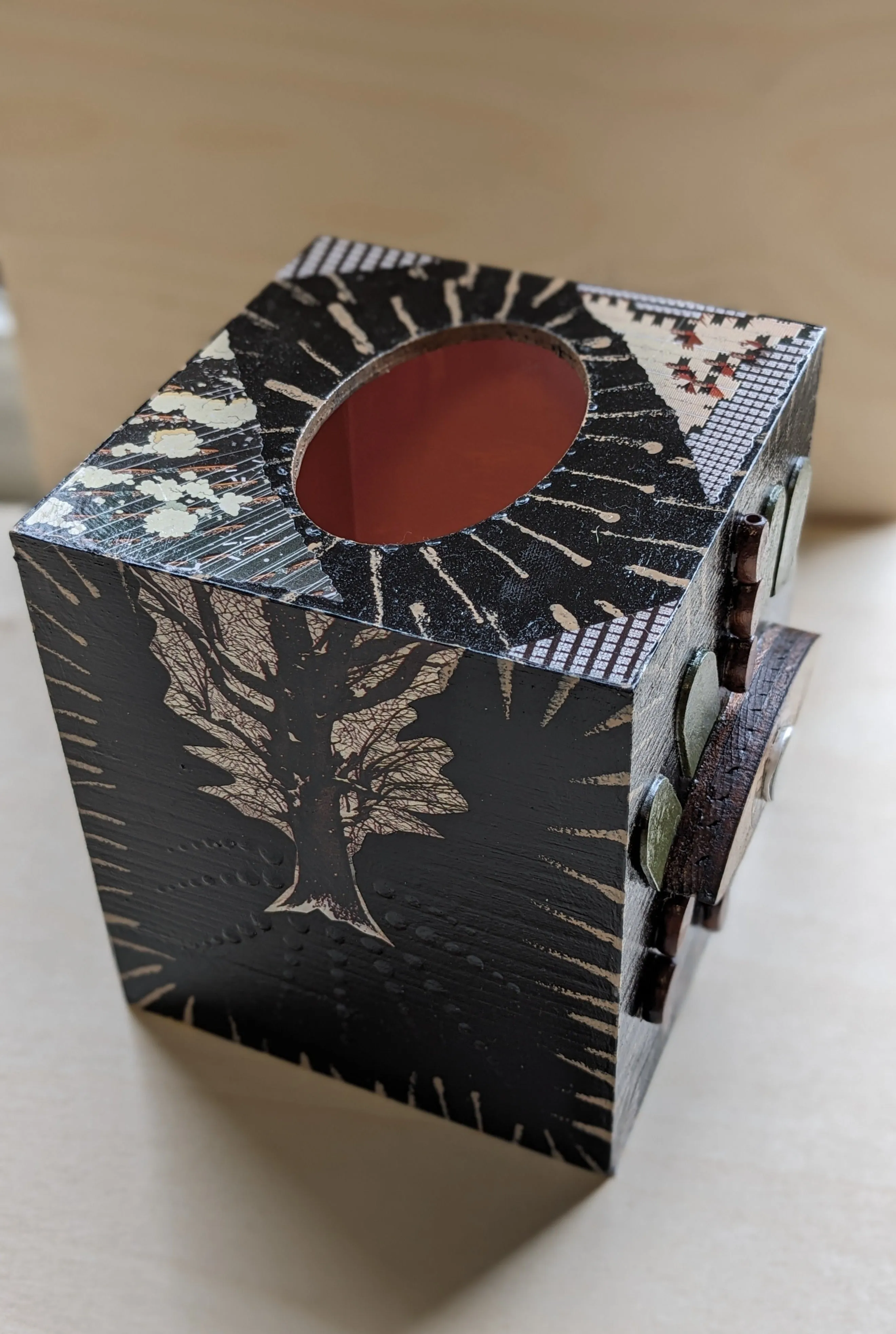 Wood painted mixed media tissue box-sun tree moon eye