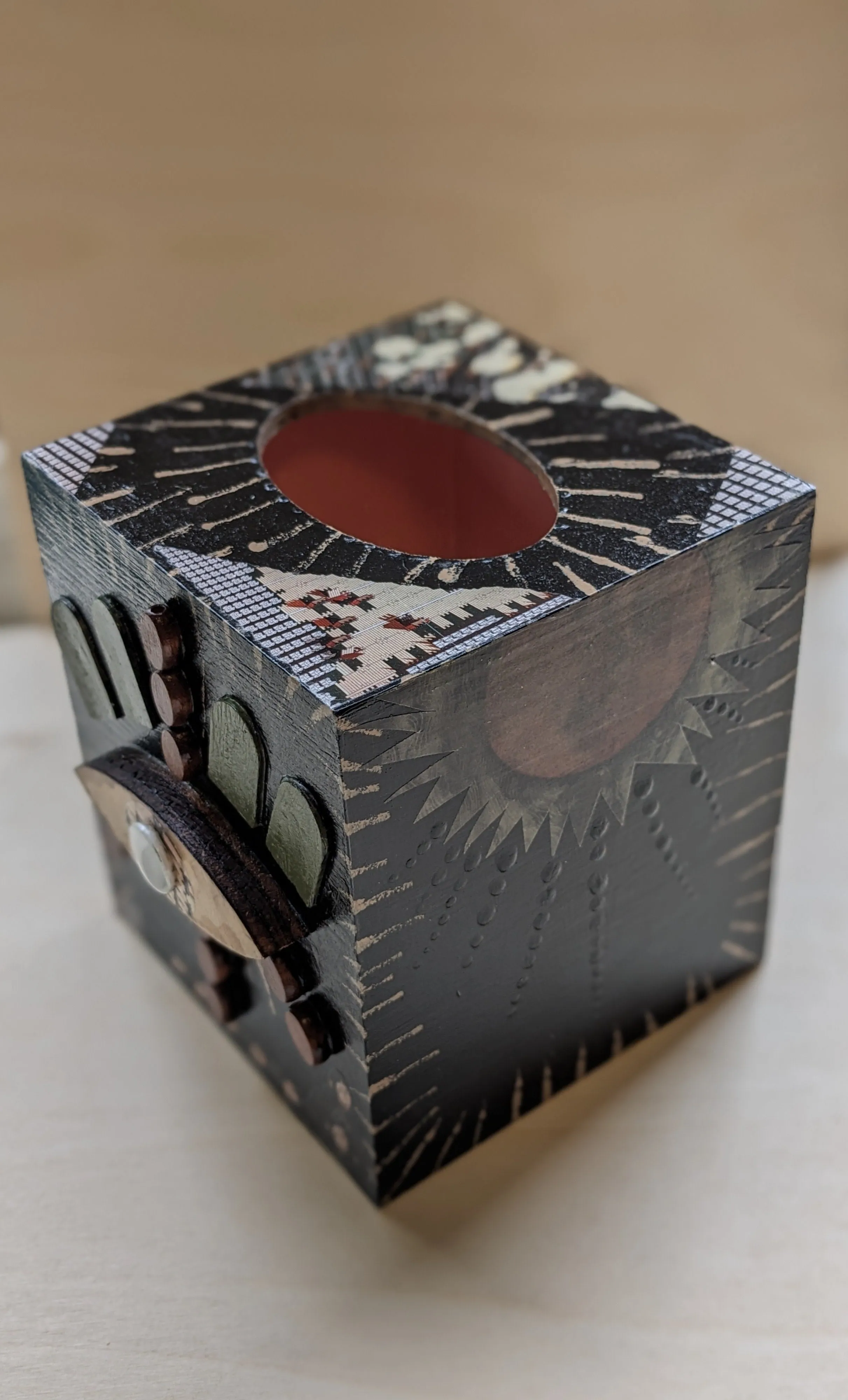 Wood painted mixed media tissue box-sun tree moon eye