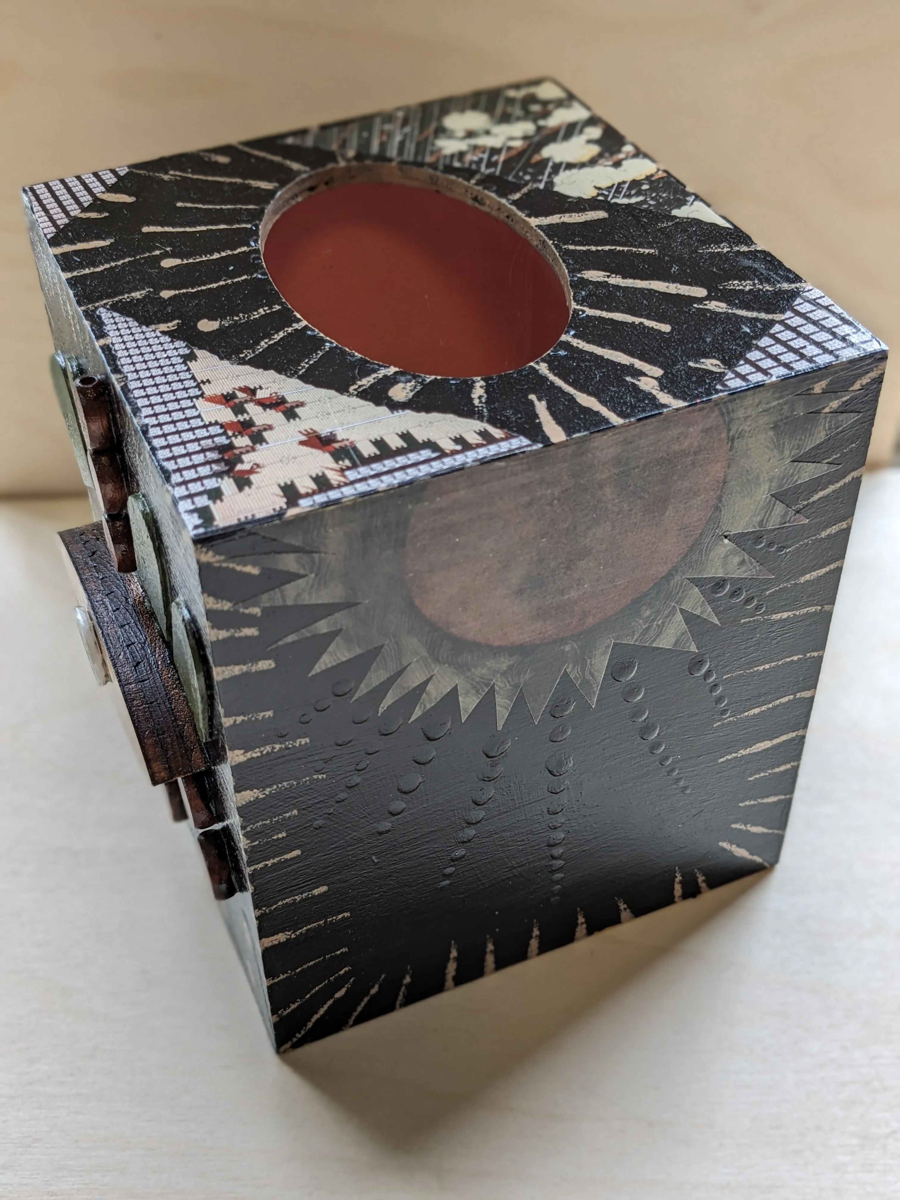 Wood painted mixed media tissue box-sun tree moon eye