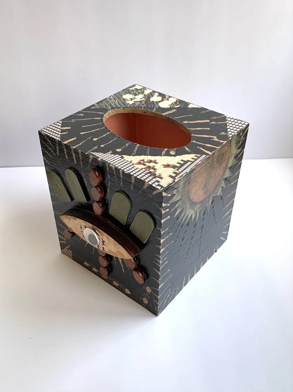 Wood painted mixed media tissue box-sun tree moon eye