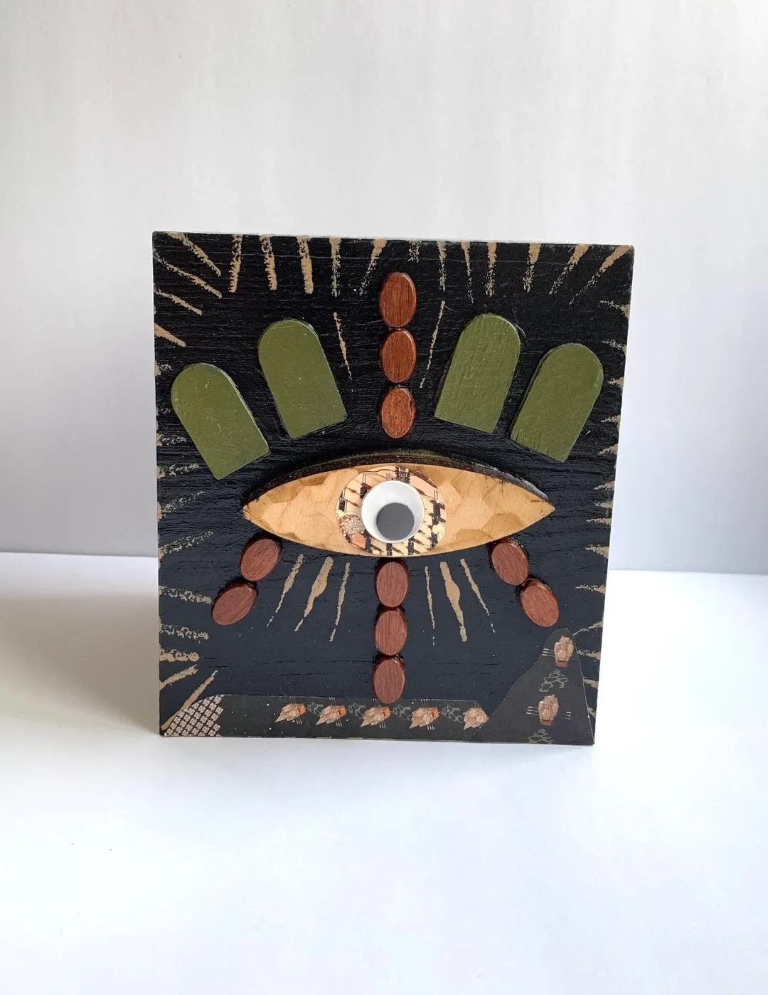 Wood painted mixed media tissue box-sun tree moon eye