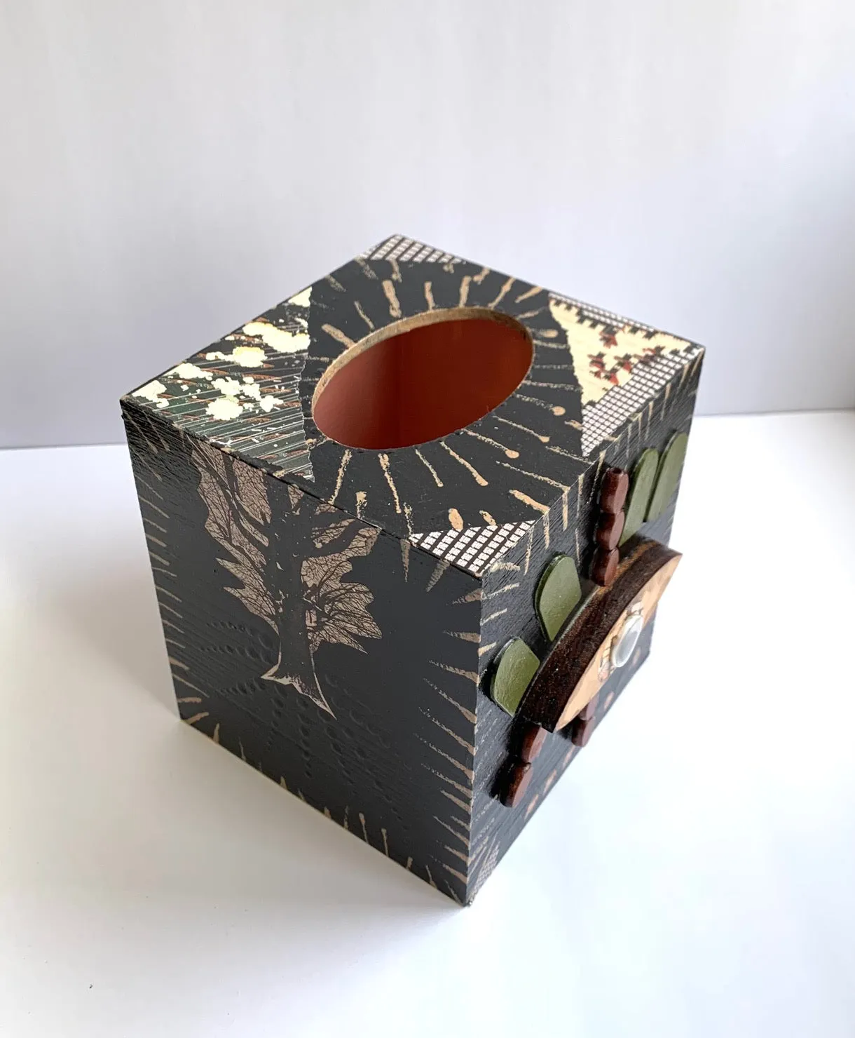 Wood painted mixed media tissue box-sun tree moon eye