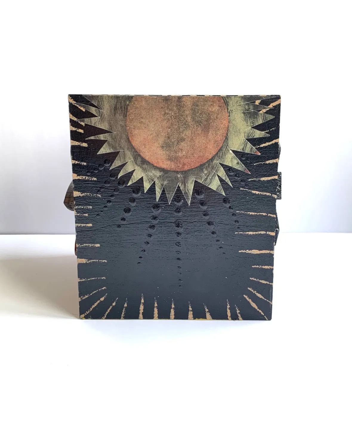 Wood painted mixed media tissue box-sun tree moon eye