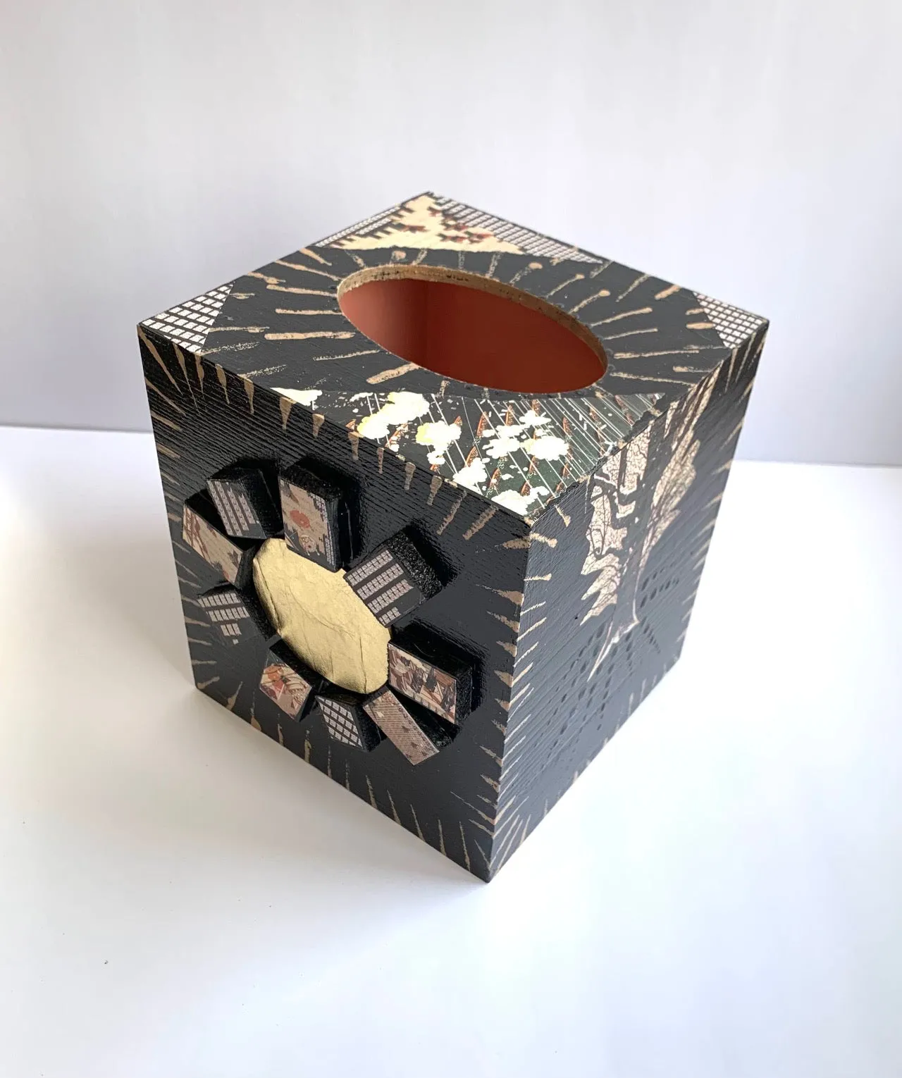 Wood painted mixed media tissue box-sun tree moon eye