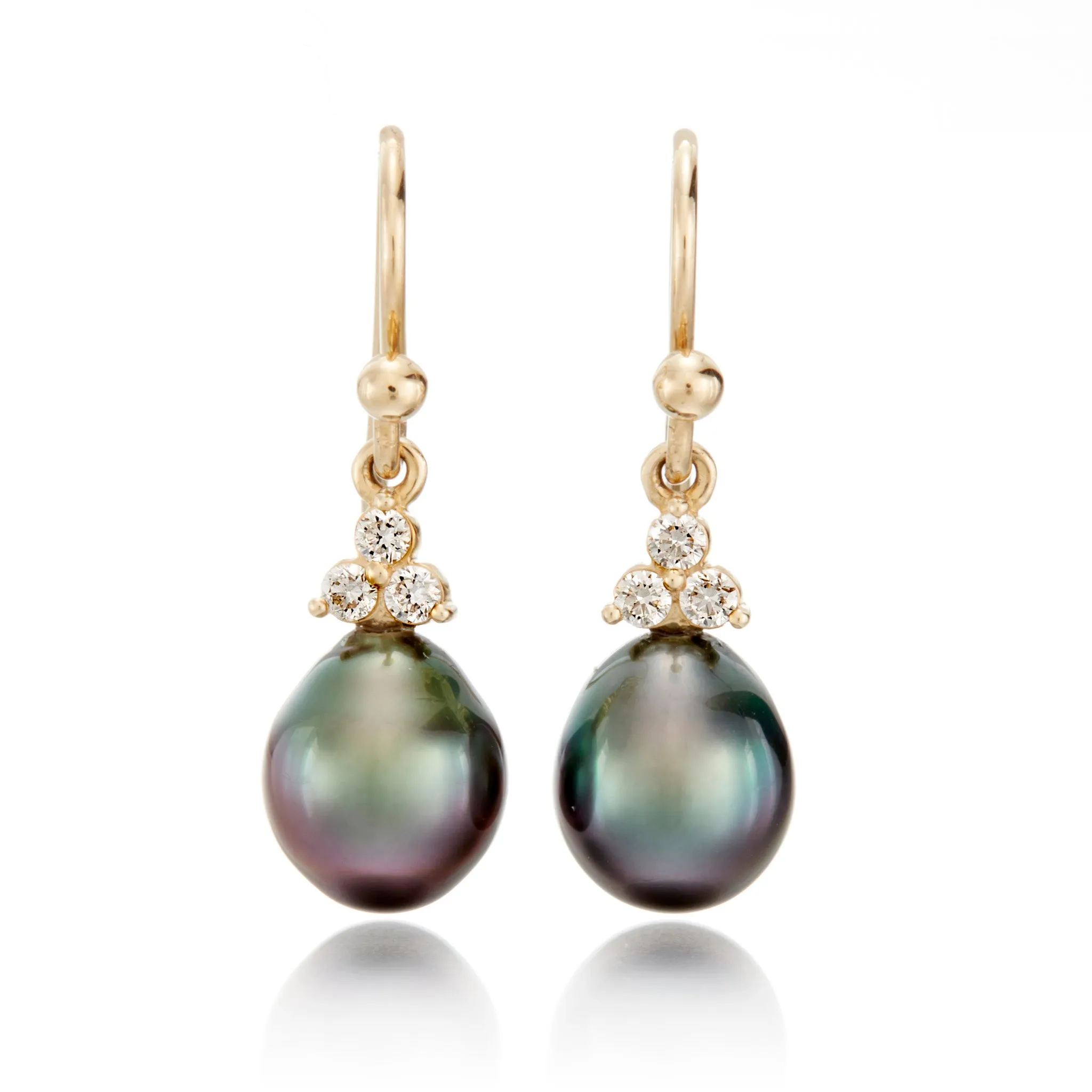 Yellow Gold Madison Drop Earrings in 8mm Tahitian Pearls & Diamonds